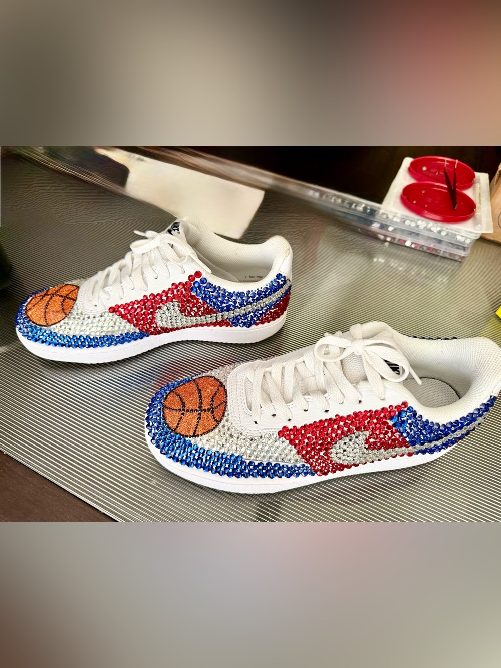 Nike Custom Rhinestone Sneakers 7M/8.5 Women’s Red Blue Silver WNBA Basketball